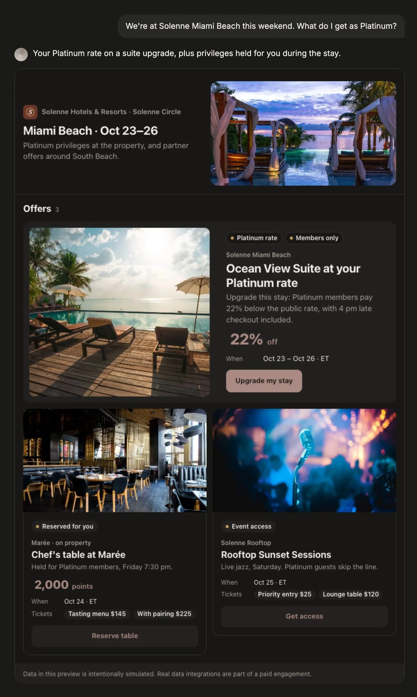 An AI assistant showing a hotel member their stay, privileges and nearby offers