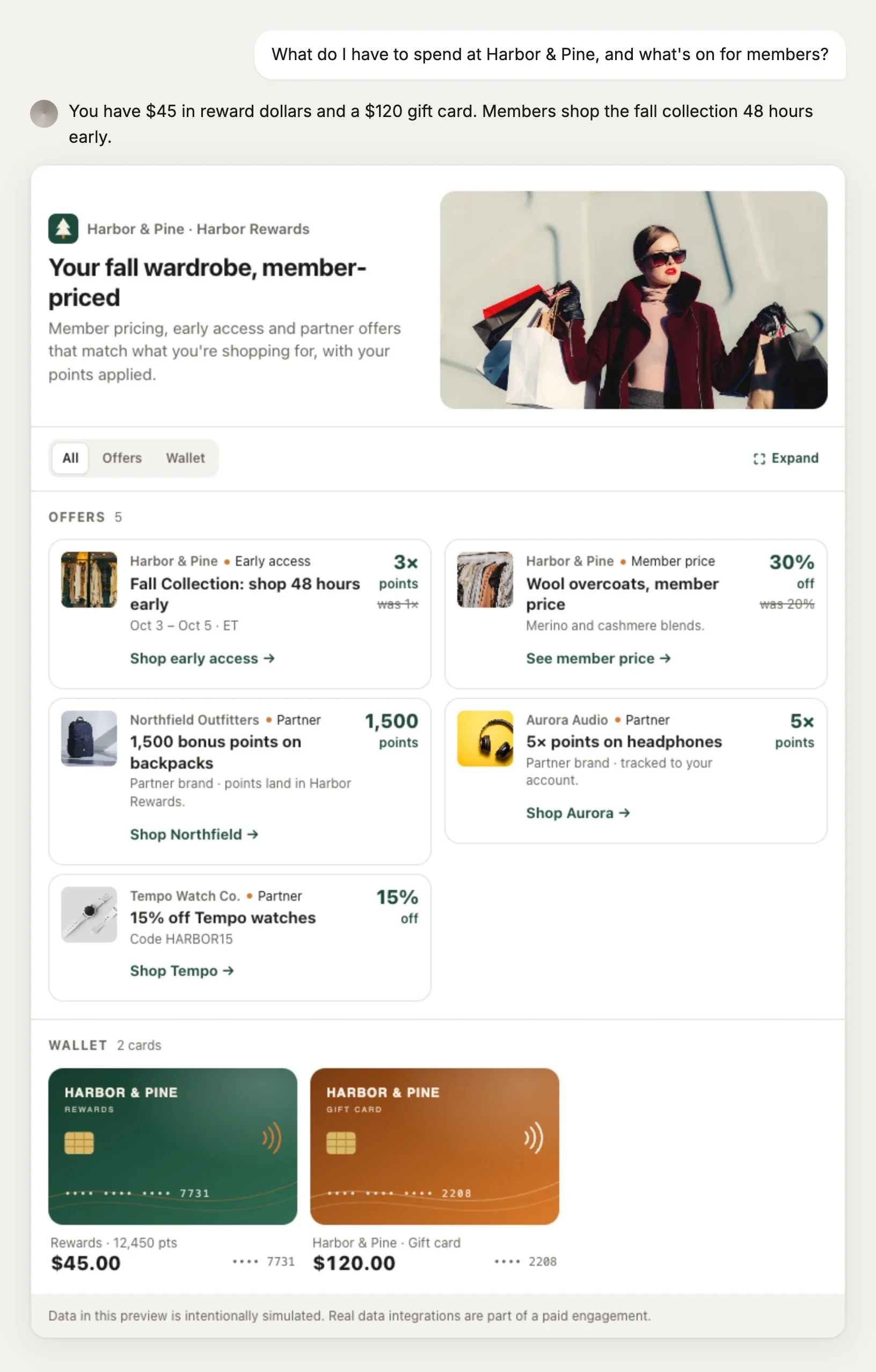 An AI assistant showing a shopper member pricing, rewards and partner offers