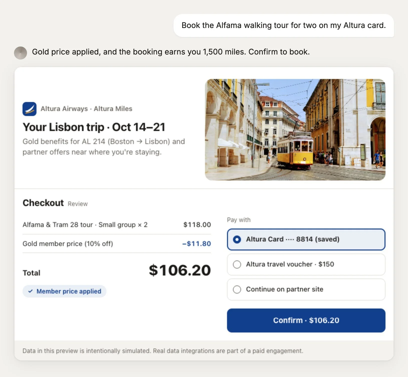An AI assistant showing partner offers near a trip destination on a map